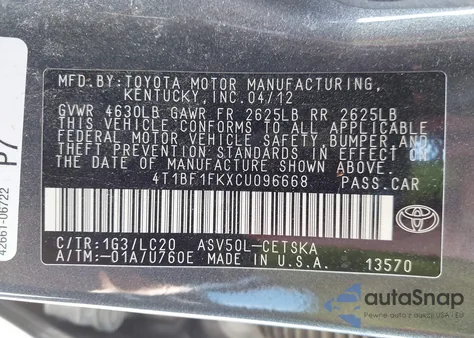 2012 Toyota Camry Se from USA, damaged, VIN 4T1BF1FKXCU096668